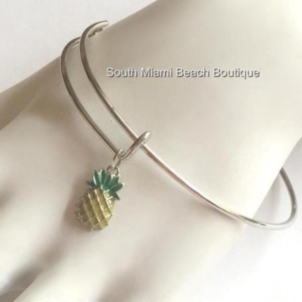 Silver Plated Pineapple Wire Charm Bracelet Adjustable Enamel Yellow Green